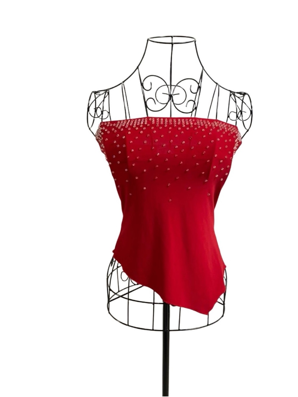 Red Y2K Vintage Asymmetrical Tube Crop Top Sparkle Bead Bodycon Medium Sexy Emo - Picture 2 of 9